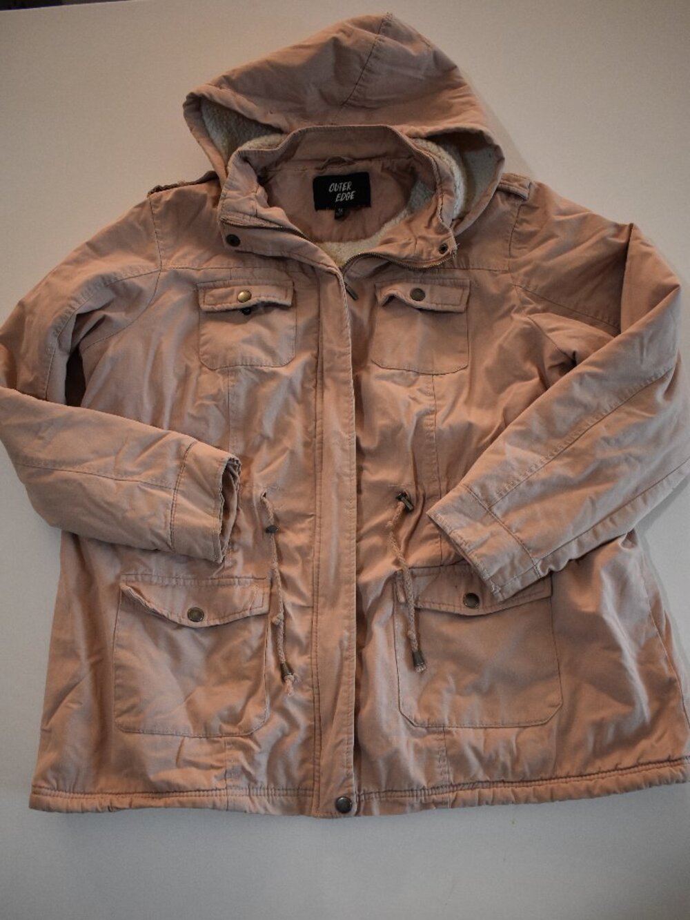 Outer Edge Women's Hooded Utility Jacket Coat – Size 1X – Blush Pink Sherpa Line